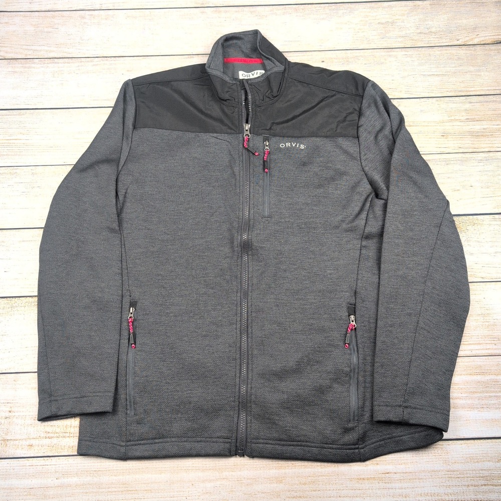 ORVIS Mens Full Zip‎ Jacket Grey Black golf M Medium Fleece Lined